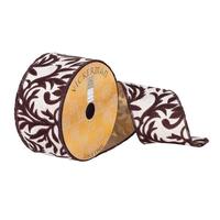 Vickerman 2.5" x 10Yd Ivory / Dark Brown Herati Wired Ribbon