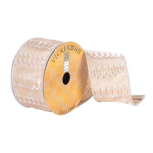 2.5" x 10Yd Champagne Fret Stripe Wired Ribbon
