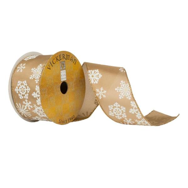 2.5" x 10Yd Cafe Dupion White Snowflakes Ribbon