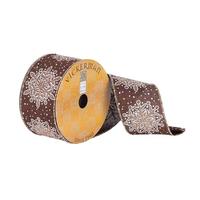 Vickerman 2.5" x 10Yd Chocolate Dupion White Snowflake Wired Ribbon