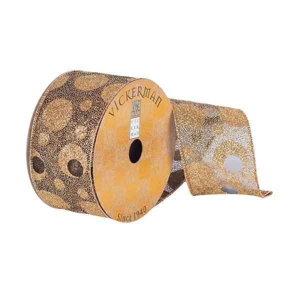 2.5" x 10Yd Gold Shimmer with Black Dots Wired Ribbon