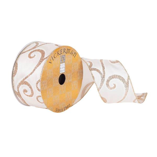 2.5" x 10Yd Ivory with Gold Glitter Swirls Wired Ribbon