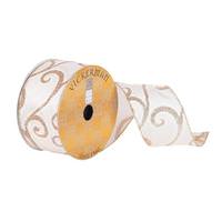 Vickerman 2.5" x 10Yd Ivory with Gold Glitter Swirls Wired Ribbon