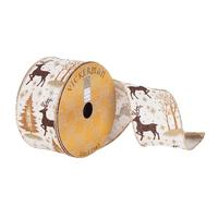 Vickerman 2.5" x 10Yd White Dupion Gold Glitter Deer/Tree Wired Ribbon