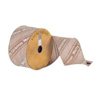 Vickerman 2.5" x 10Yd Beige / White Glitter Merry Xmas Wired Ribbon