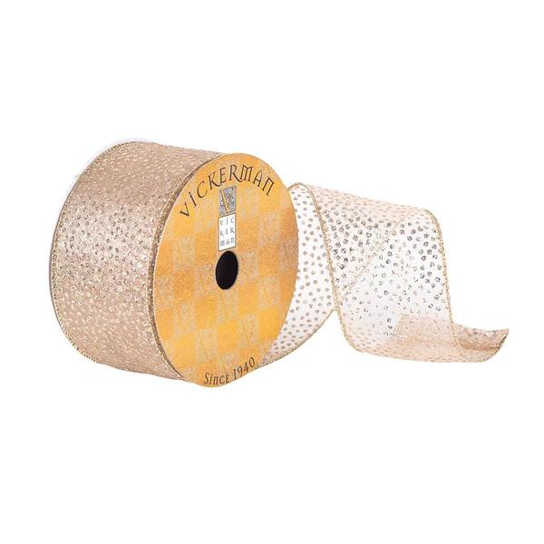 2.5" x 10Yd Champagne Glitter Dots Semi Sheer Wired Ribbon