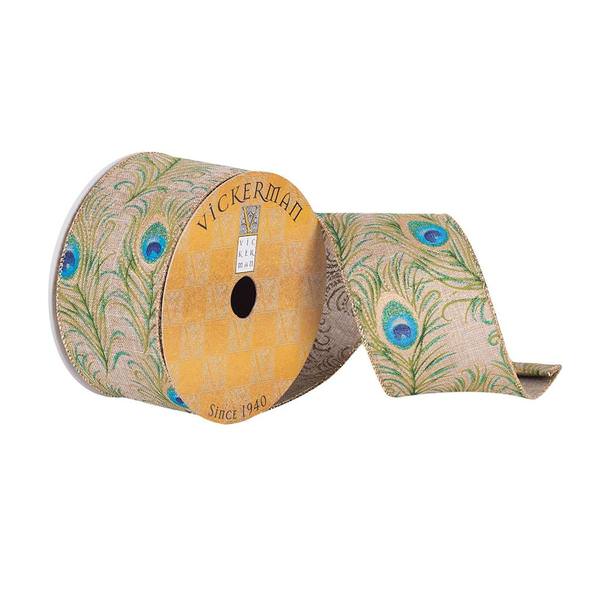 2.5" x 10Yd Green / Blue / Gold Glitter Peacock Feather Wired Ribbon