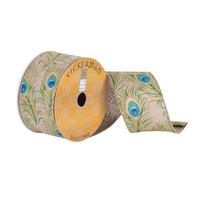 Vickerman 2.5" x 10Yd Green / Blue / Gold Glitter Peacock Feather Wired Ribbon