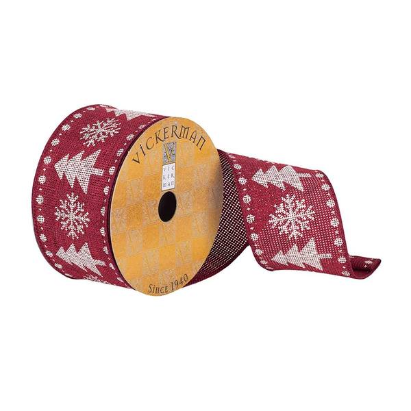 2.5" x 10Yd Burgundy / White Trees and Snowflakes Burlap Wired Ribbon
