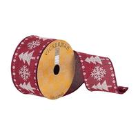 Vickerman 2.5" x 10Yd Burgundy / White Trees and Snowflakes Burlap Wired Ribbon