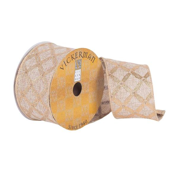 2.5" x 10Yd Tan Dupion Gold Diamond Wired Ribbon