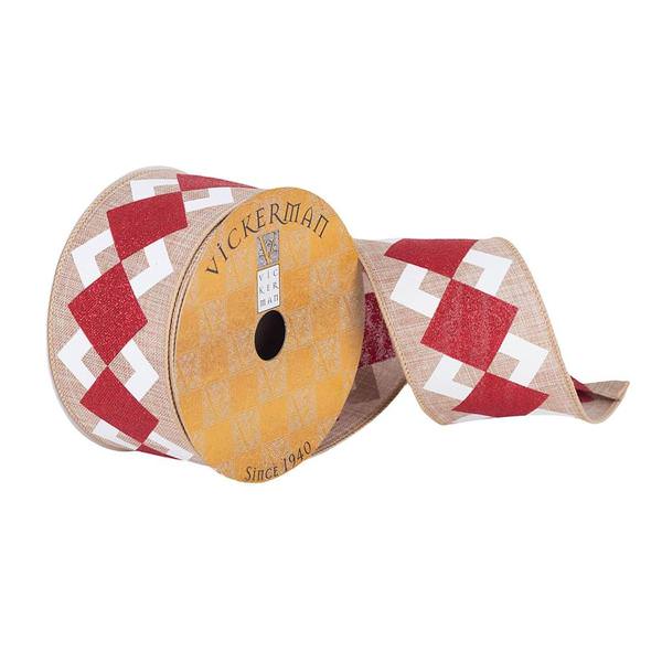 2.5" x 10Yd Tan / Red / White Diamond Wired Ribbon