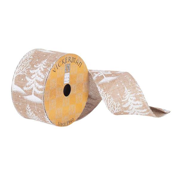 2.5" x 10Yd Tan Burlap with White Winter Trees Wired Ribbon