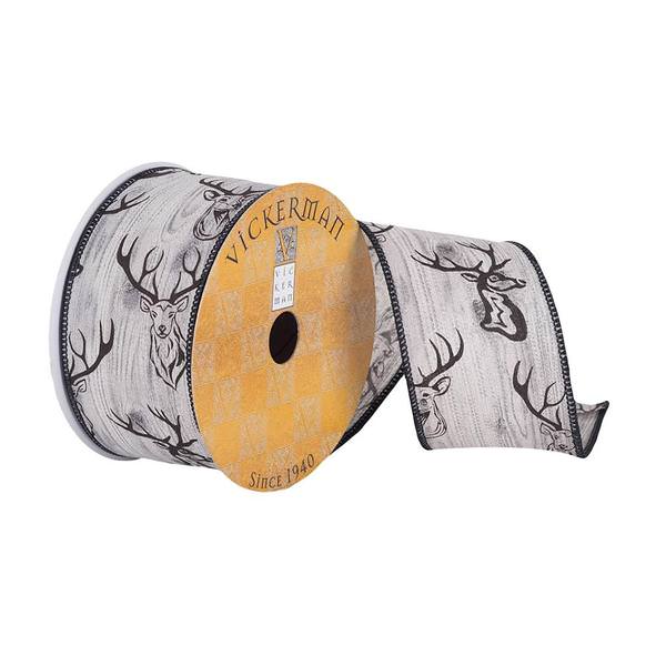 2.5" x 10Yd Gray Wood Grain with Deer Head Wired Ribbon