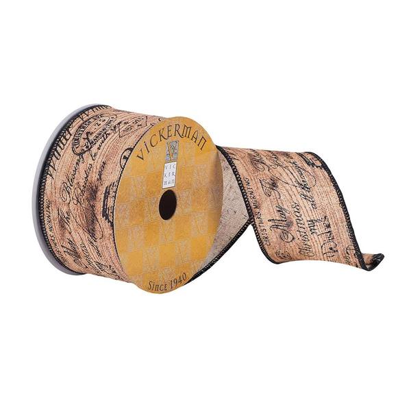 2.5" x 10Yd Natural Wood Holiday Writing Wired Ribbon