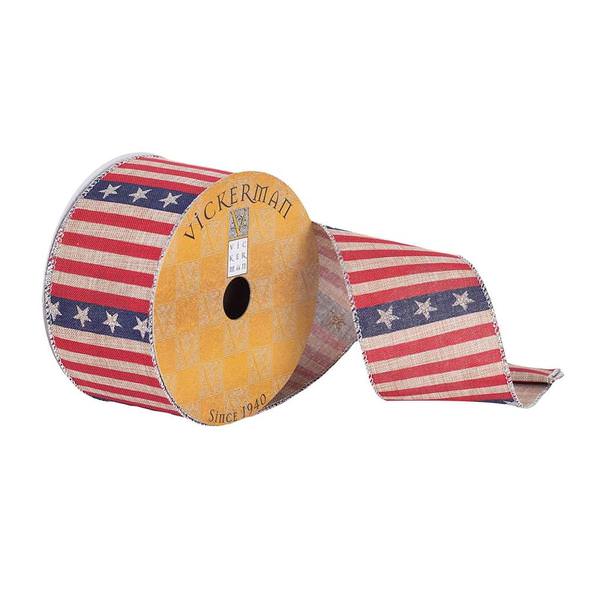 2.5" x 10Yd American Flag Tan Woven Wired Ribbon