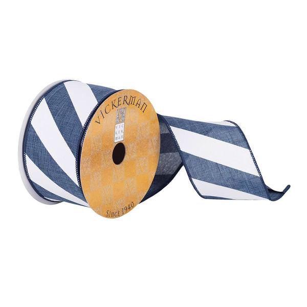 2.5" x 10Yd White / Blue Stripes Woven Wired Ribbon
