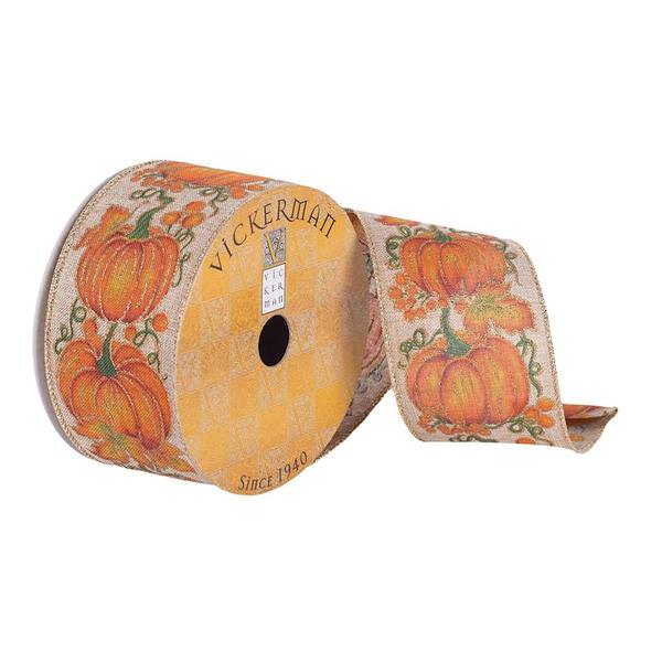2.5" x 10Yd Tan Ribbon Fall Pumpkins Wired Ribbon