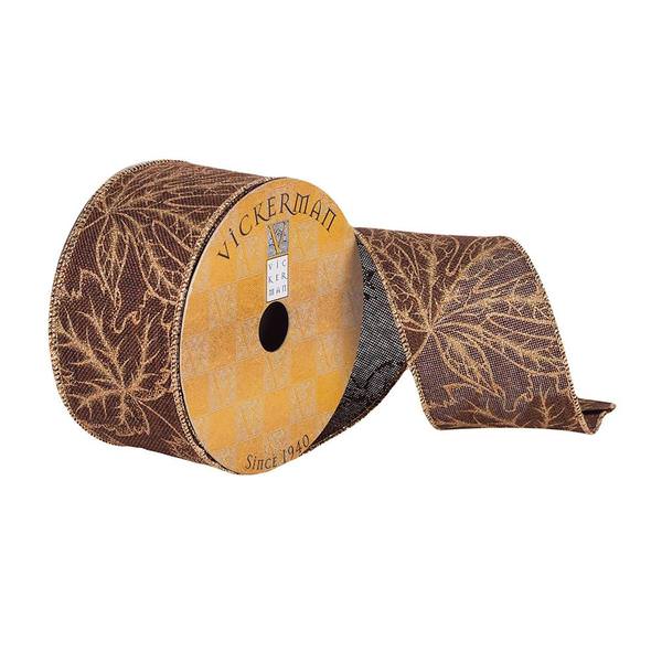 2.5" x 10Yd Brown Dupion Gold Leaves Wired Ribbon