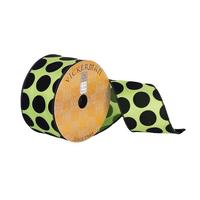 View 2.5" x 10Yd Green / Black Polka Dot Print Wired Ribbon