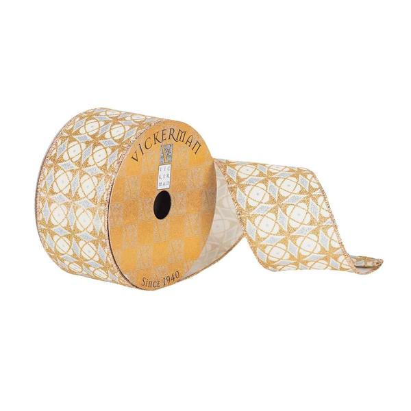 2.5" x 10Yd Gold / Silver Geometric Pattern Wired Ribbon