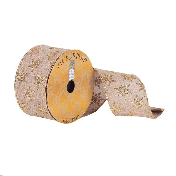 2.5" x 10Yd Beige Burlap Gold Glitter Star Wired Ribbon