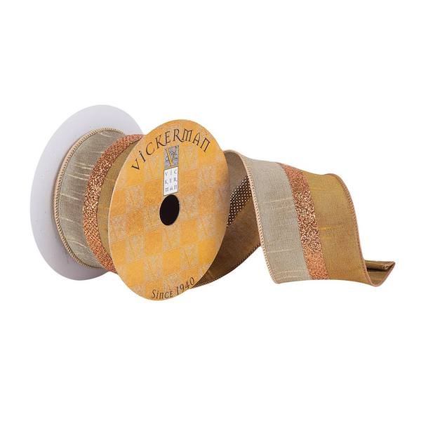 2.5" x 10Yd Mocha / Pewter Copper Glitter Stripe Dupion Wired Ribbon