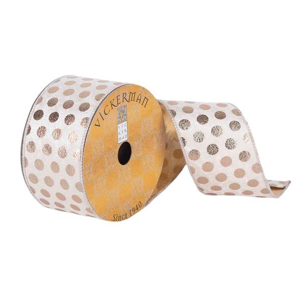 2.5" x 10Yd Ivory / Gold Metallic Dots Velvet Wired Ribbon