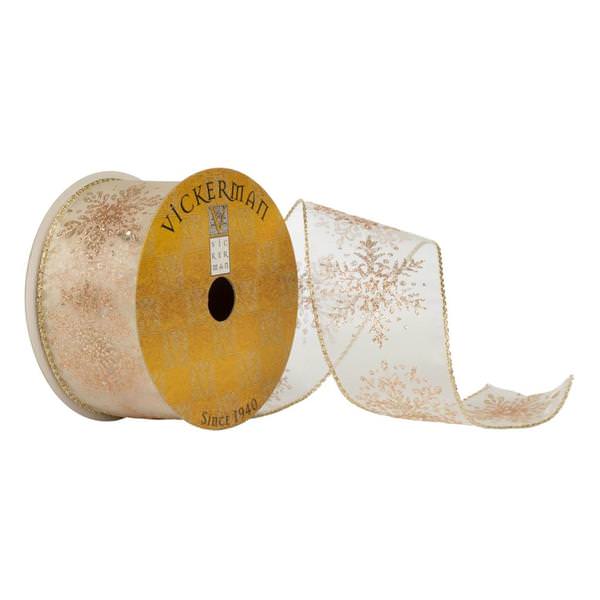 2.5" x 10Yd Semi Sheer Rose Gold Snowflakes Ribbon