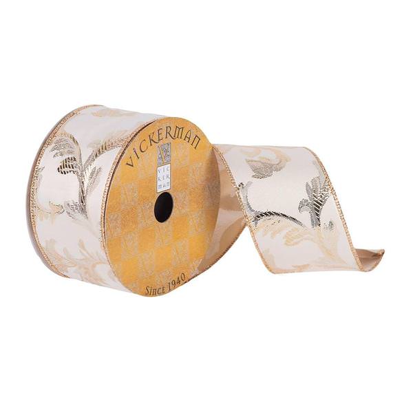 2.5" x 10Yd Ivory / Champagne Filigree Wired Ribbon