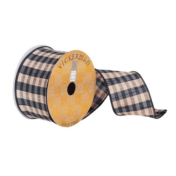 2.5" x 10Yd Black / Tan Plaid Pattern Wired Ribbon