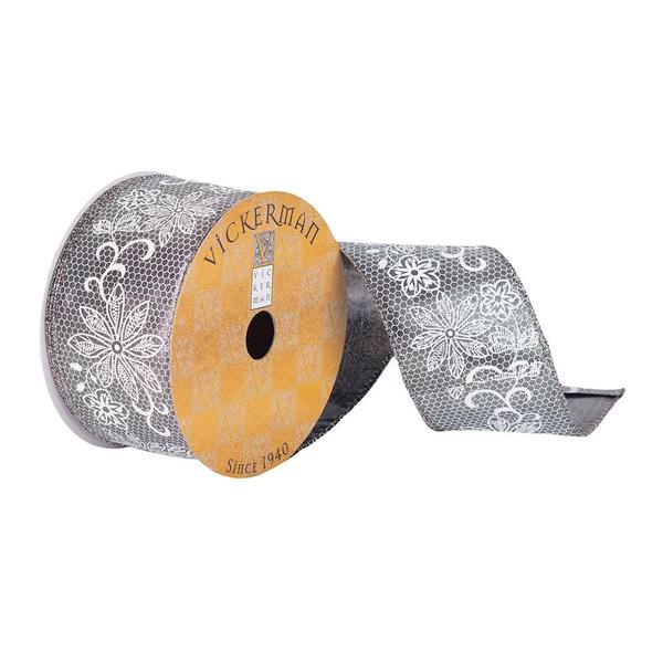 2.5" x 10Yd Black / White Honeycomb Floral Pattern Wired Ribbon