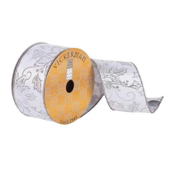 2.5" x 10Yd White / Silver Holly Berry Floral Pattern Wired Ribbon