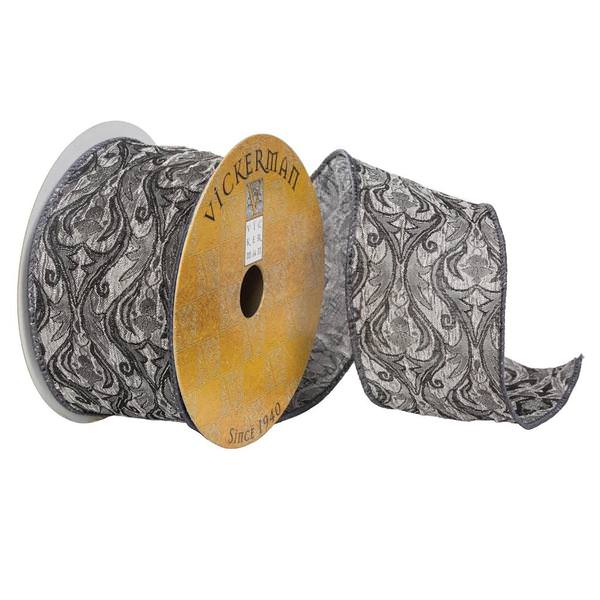 2.5" x 10Yd Pewter / Silver Filigree Ribbon