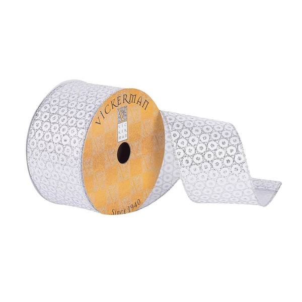 2.5" x 10Yd White / Silver Glitter Circle Pattern Wired Ribbon