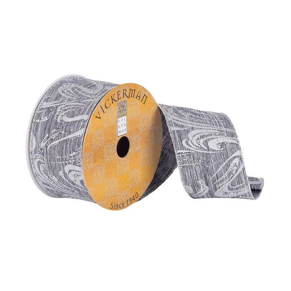 2.5" x 10Yd Pewter / Silver Swirl Pattern Wired Ribbon
