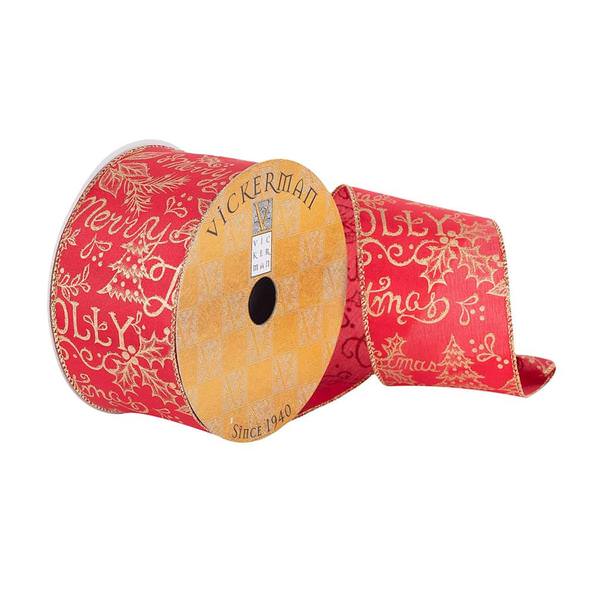 2.5" x 10Yd Red / Gold Holiday Typography Wired Ribbon
