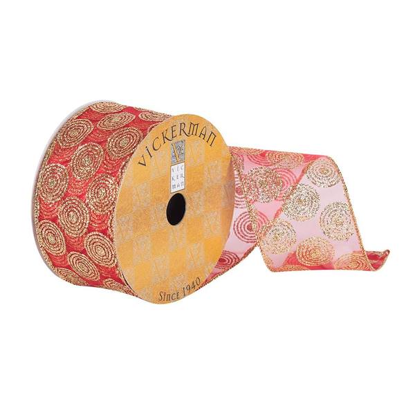 2.5" x 10Yd Red / Gold Sheer Glitter Swirl Wired Ribbon