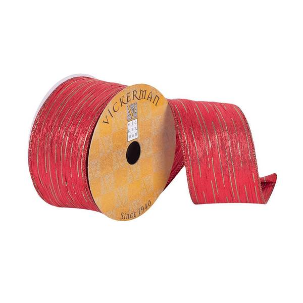 2.5" x 10Yd Red Woven Dupion Green Stripes Wired Ribbon