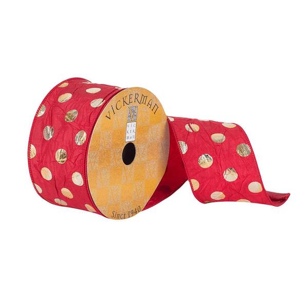 2.5" x 10Yd Crushed Red Ribbon with Gold Metallic Polka Dots Wired Ribbon