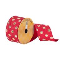 Vickerman 2.5" x 10Yd Crushed Red Ribbon with Gold Metallic Polka Dots Wired Ribbon