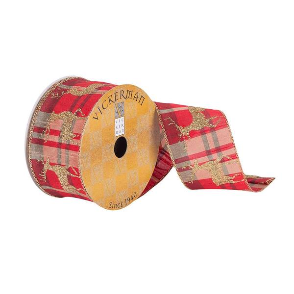 2.5" x 10Yd Red Plaid and Gold Glitter Reindeer Wired Ribbon