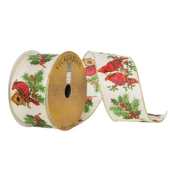 2.5" x 10Yd Red Cardinal Green Foliage Wired Ribbon
