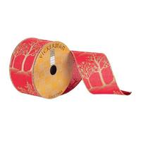 Vickerman 2.5" x 10Yd Red Dupion Gold Glitter Trees Wired Ribbon