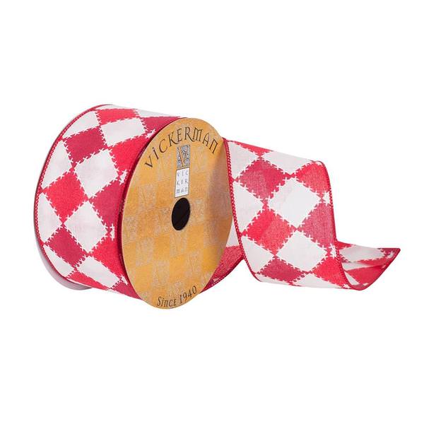 2.5" x 10Yd Red / White Stitched Diamond Wired Ribbon