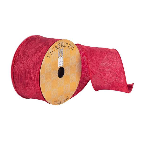 2.5" x 10Yd Red Woven Floral Dupion Wired Ribbon