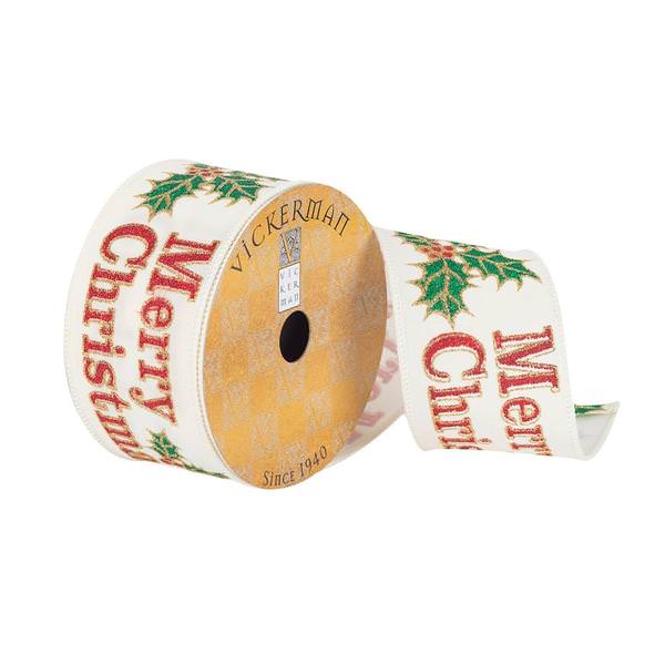 2.5" x 10Yd Ivory / Red Merry Xmas Typography Wired Ribbon