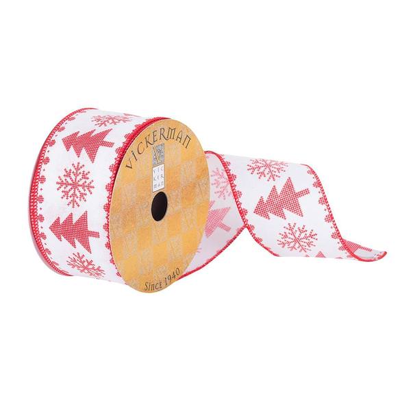 2.5" x 10Yd White / Red Tree / Snowflake Wired Ribbon