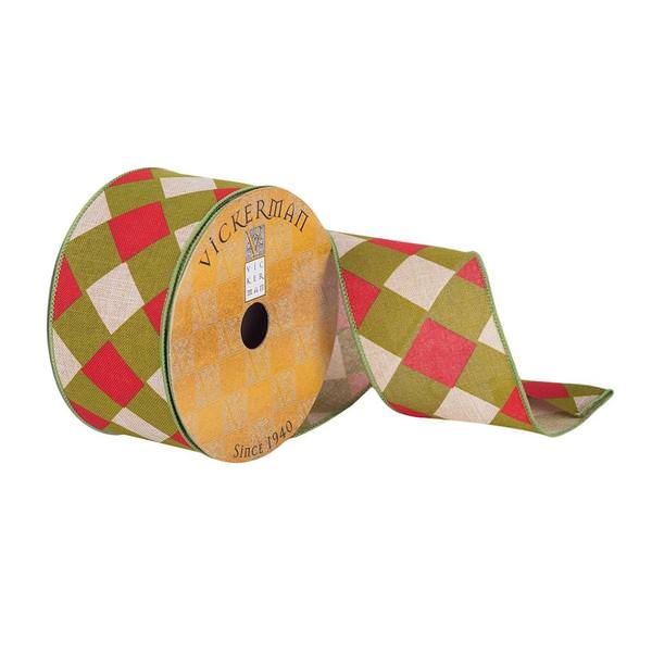 2.5" x 10Yd White / Green / Red Diamond Pattern Wired Ribbon