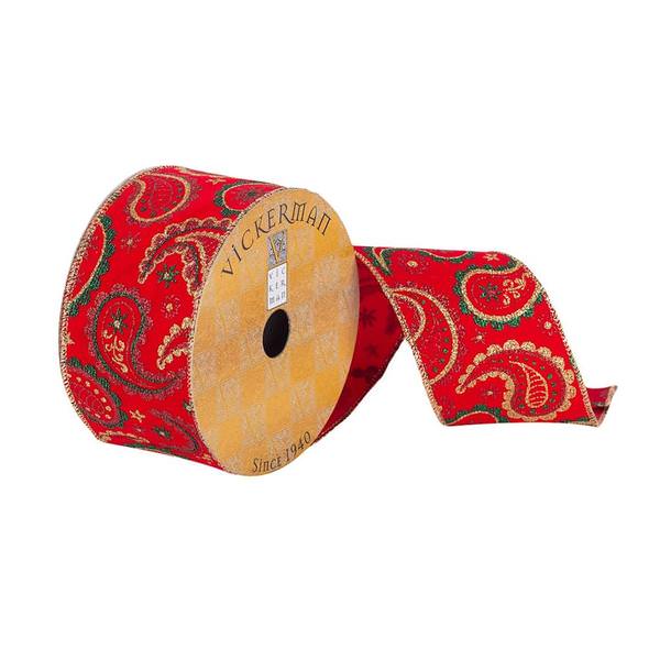 2.5" x 10Yd Red / Green / Gold Glitter Paisley Print Wired Ribbon
